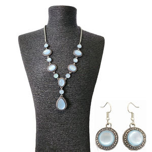 Silver Link & Blue Moonstone Long Statement Necklace + Matching Earrings